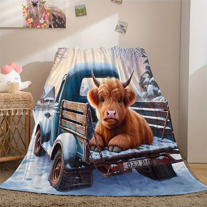 1pc Plush Super Soft Flannel Highland Cow Blanket - Cozy Throw for Boys and Girls, Sofa, Crib, Camping, Travel - Cute Cow Gift, Vibrant Colors, Lightweight, Easy Care