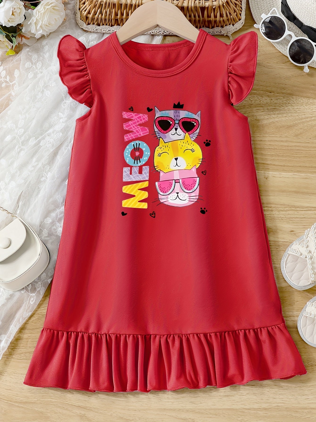 Casual Cartoon Cat Ruffle Trim Crew Neck Dress for Girls - Vibrant Graphic Print, Flying Sleeve, Trendy Summer Outfit - Fun and Playful Design for Little Fashionistas