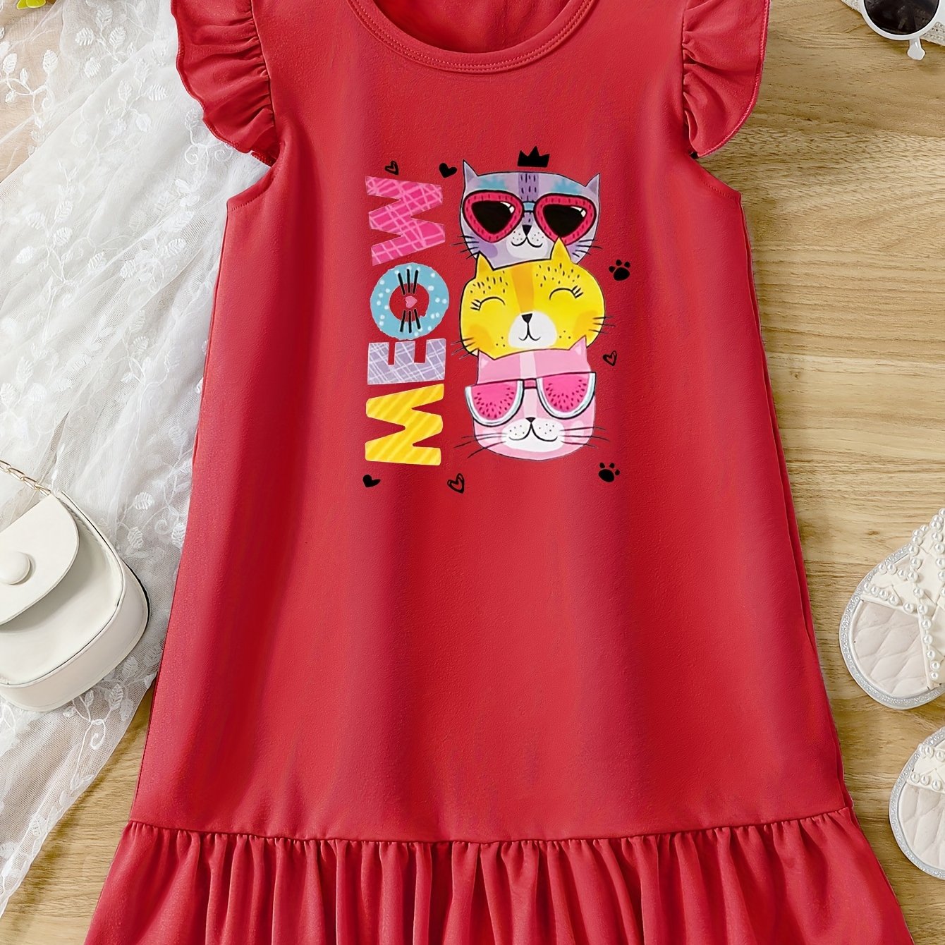 Casual Cartoon Cat Ruffle Trim Crew Neck Dress for Girls - Vibrant Graphic Print, Flying Sleeve, Trendy Summer Outfit - Fun and Playful Design for Little Fashionistas