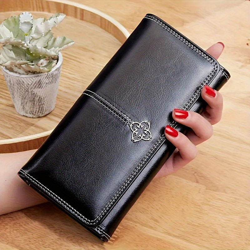 Women's Long Retro Zipper Bi-fold PU Clutch Wallet | Fashionable Cell Phone Holder With Multiple Card Slots | Foldable Multi Card Slots Coin Purse