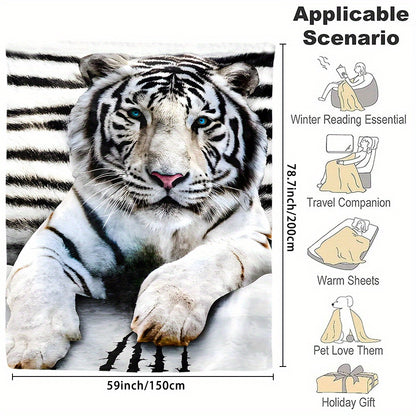 1pc White Tiger Printed Flannel Blanket - Luxuriously Soft & Cozy for Adults - Eye-Catching Design - Versatile Use at Home, Picnics, and Travel - Perfect Gift Option