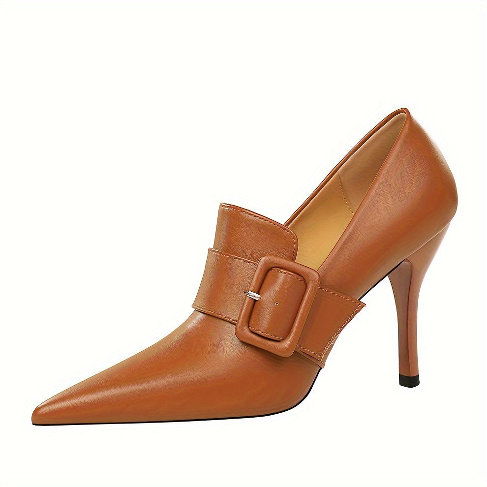 Chic Womens Solid Color High Heel Dress Shoes - Shallow Mouth Slip-On with Buckle Belt, Pointed Toe - Perfect for Parties & Showstopping Style