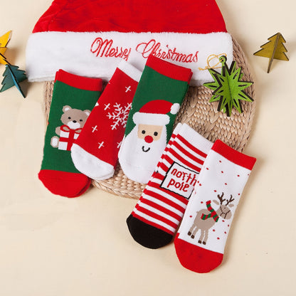 5pairs Baby Boys Kids Santa Claus Christmas Gift Bear Elk Terry Thickened Warm Socks, Toddlers Children's Trendy Socks