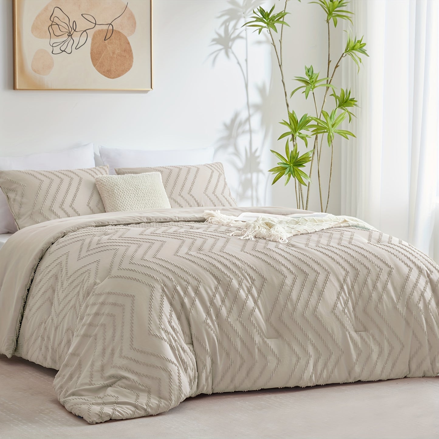 3-Piece Beige Boho Chic Comforter Set - Tufted Shabby Chic Bedding with Chevron Pattern, Soft Brushed Microfiber Fabric, and Hypoallergenic Filling for All Seasons - Queen Size Bedding Set with 1 Comforter and 2 Pillow Shams