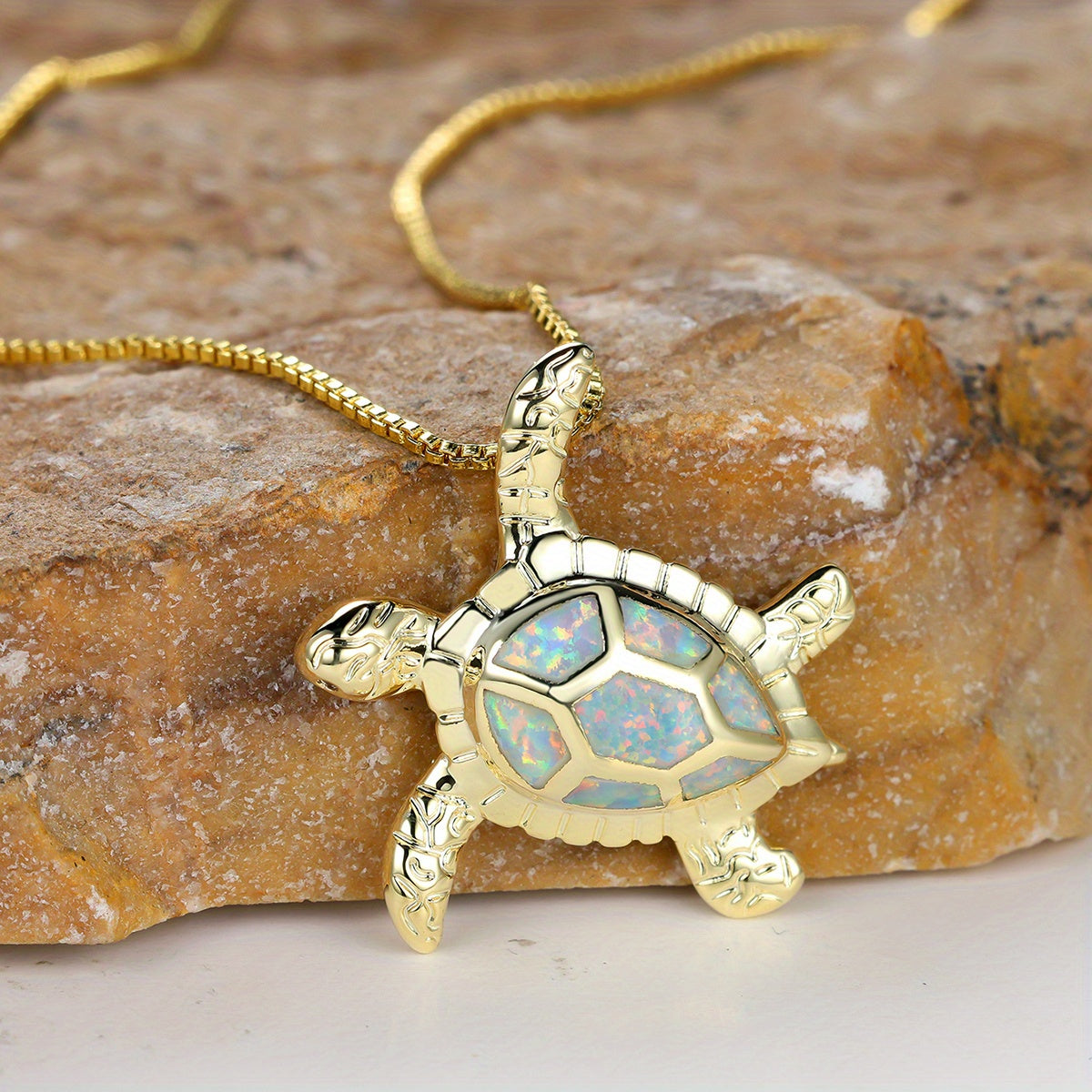 Ocean Turtle Design Pendant Necklace Inlaid Opal, For Summer Beach Seaside Vacation Travel Neck Jewelry Gift