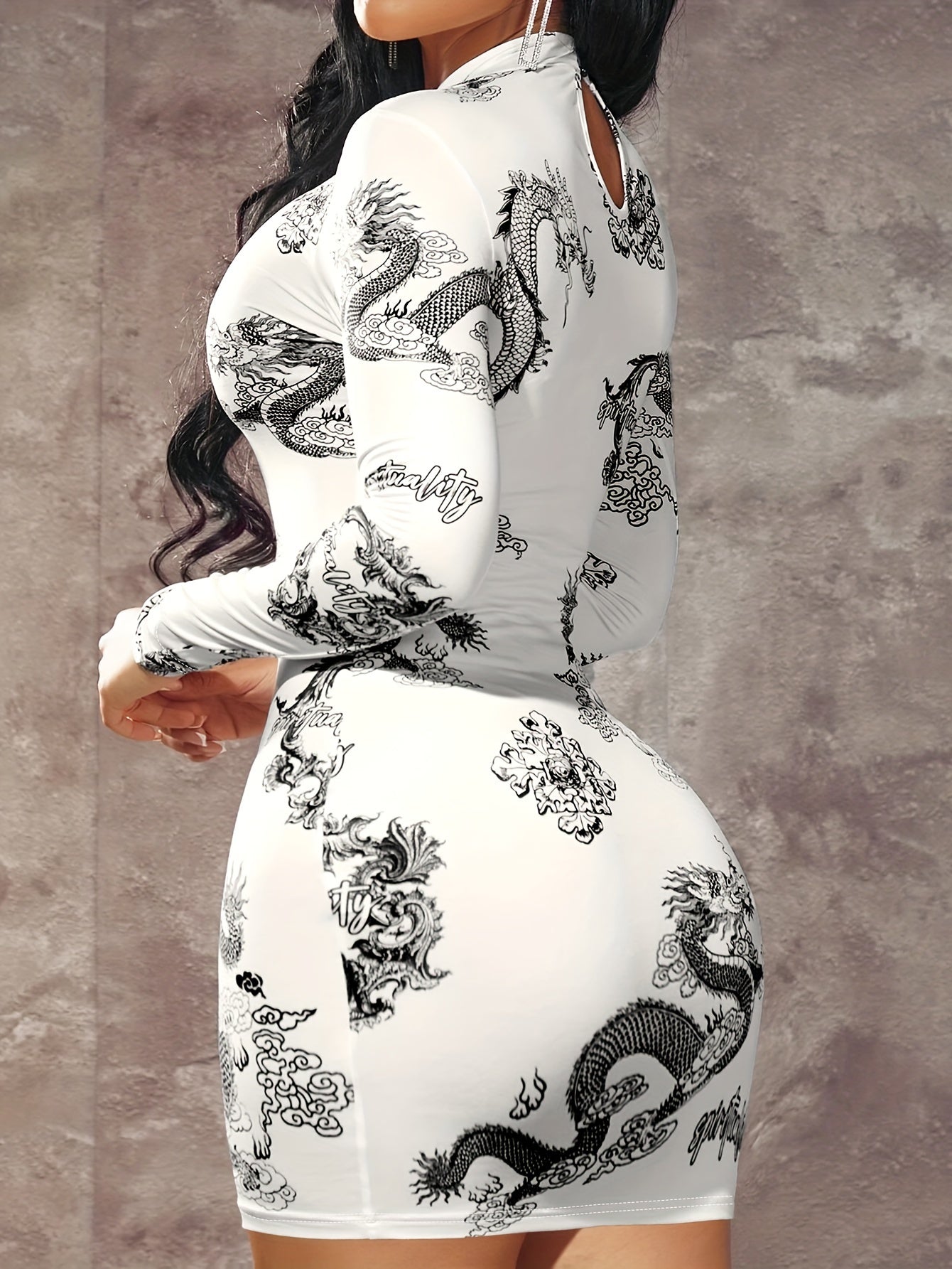 Dragon Print Mock Neck Dress, Elegant Long Sleeve Bodycon Dress For Spring, Women's Clothing