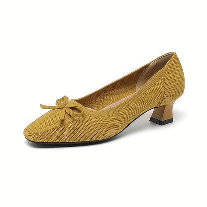 Chic Women's Bowknot Block Heels - Comfort Mid Heel, Square Toe, All-Season Elegance & Versatility