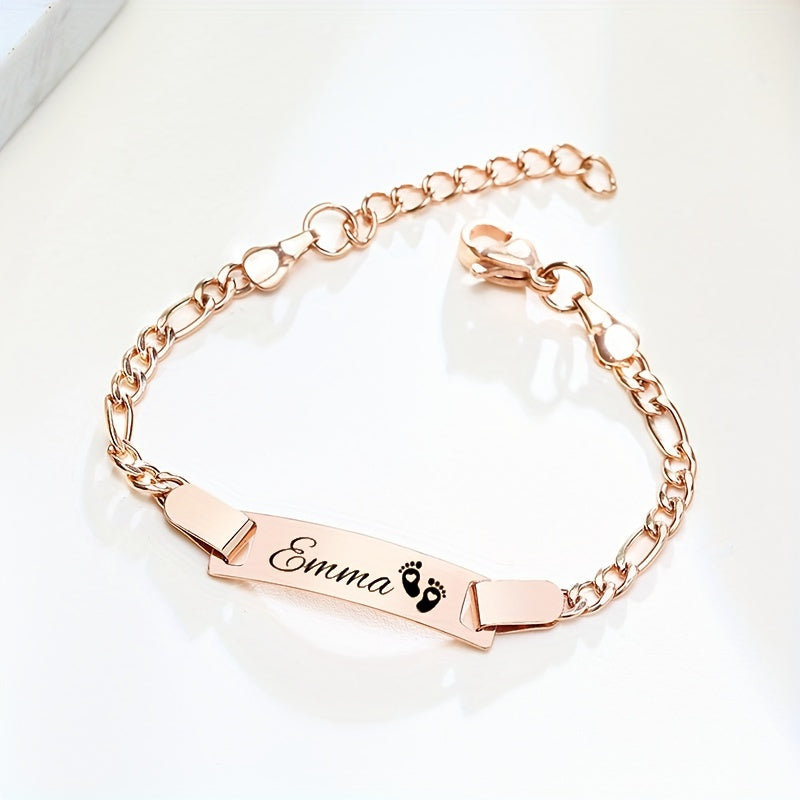 Customizable Stainless Steel Footprint ID Bracelet - Delicate Punk Style Chain with Personalized Nameplate and Engraved Footprint Design - Unique Gift for Loved Ones