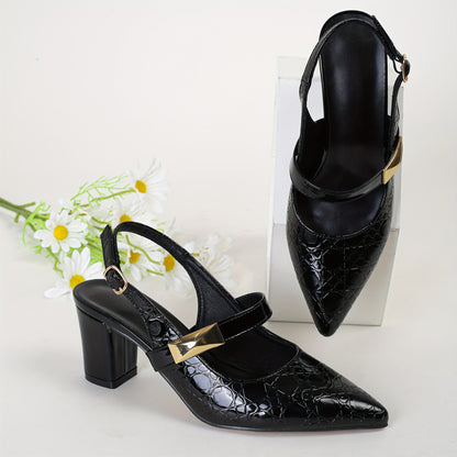 Chic Block Heel Pumps with Non-Slip Grip, Elegant Ankle Buckle & Geometric Print - Perfect All-Season Party Shoe for Women