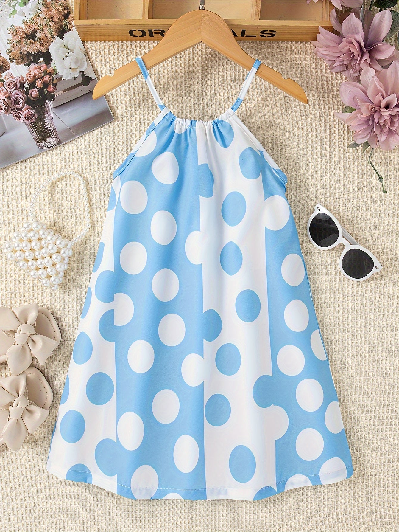 Girls Charming Polka Dot Summer Dress - Chic Thin Straps, Sleeveless, Vibrant Print, Regular Fit, Knee-Length - Ideal for Stylish Casual Outings