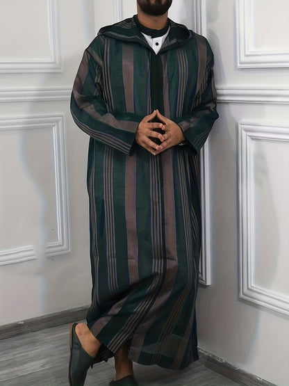 Men's Casual Striped Hoodie Robe - V-Neck, Long Sleeve, Breathable Fabric - Ideal for Lounging & After-Bath Comfort