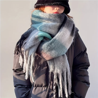 Cozy Rainbow Plaid Scarf For Women - Thick Imitation Cashmere Shawl With Tassels, Windproof & Warm, Perfect For Fall/Winter