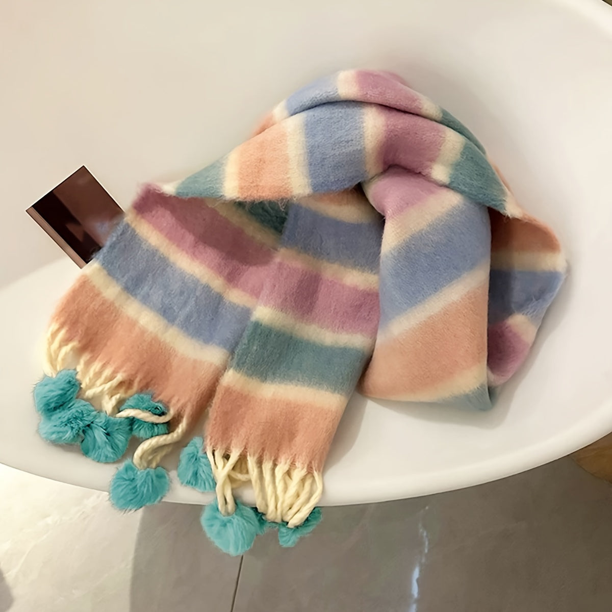 Cozy Rainbow Plush Scarf For Women - Breathable, Warm & Soft Polyester Shawl With Funky Print Design - Perfect For Autumn/Winter Outings