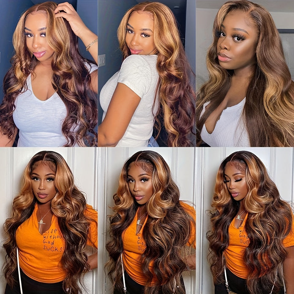 Blonde Highlight body Wave HD 4x4 Lace Closure Human Hair Wig Lace Front Human Hair Wig  Women High Gloss Glueless 4/27 Wig For Women