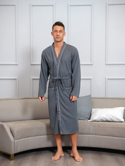 Ultra-Soft Men's Comfy Robe - Luxurious Solid Design, Spacious Pockets, Adjustable Lace-Up Front, Perfect for Spring and Summer Home Lounging, Pajamas Wear, One-Piece Night-Robe Set