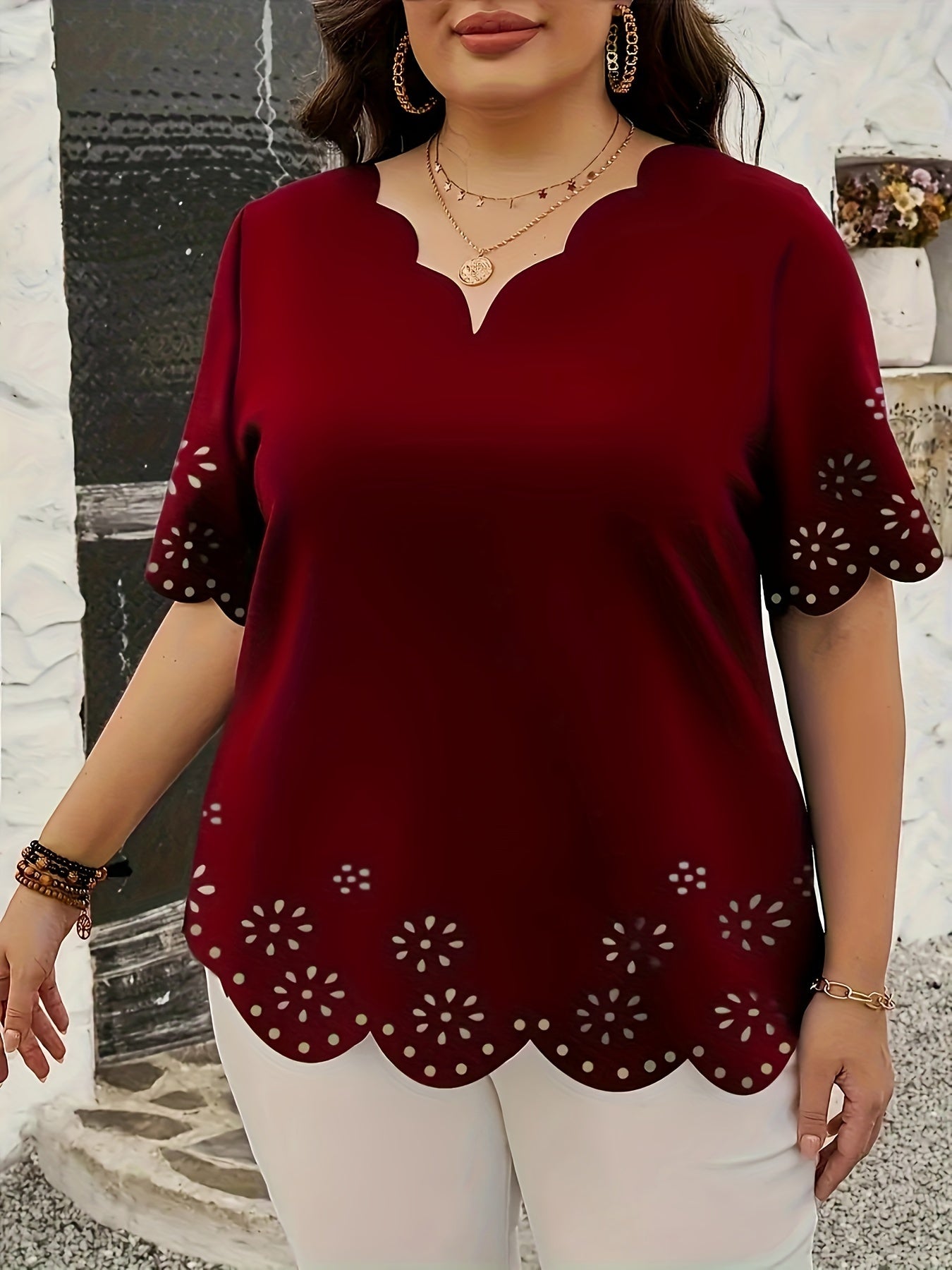 Plus Size V Neck Scallop Trim Cut Out Blouse - Soft Slight Stretch Polyester Fabric, Hollow Out Design, Casual Short Sleeve Shirt for Spring - Middle East Style, All-Season Wear, No Printing, Woven