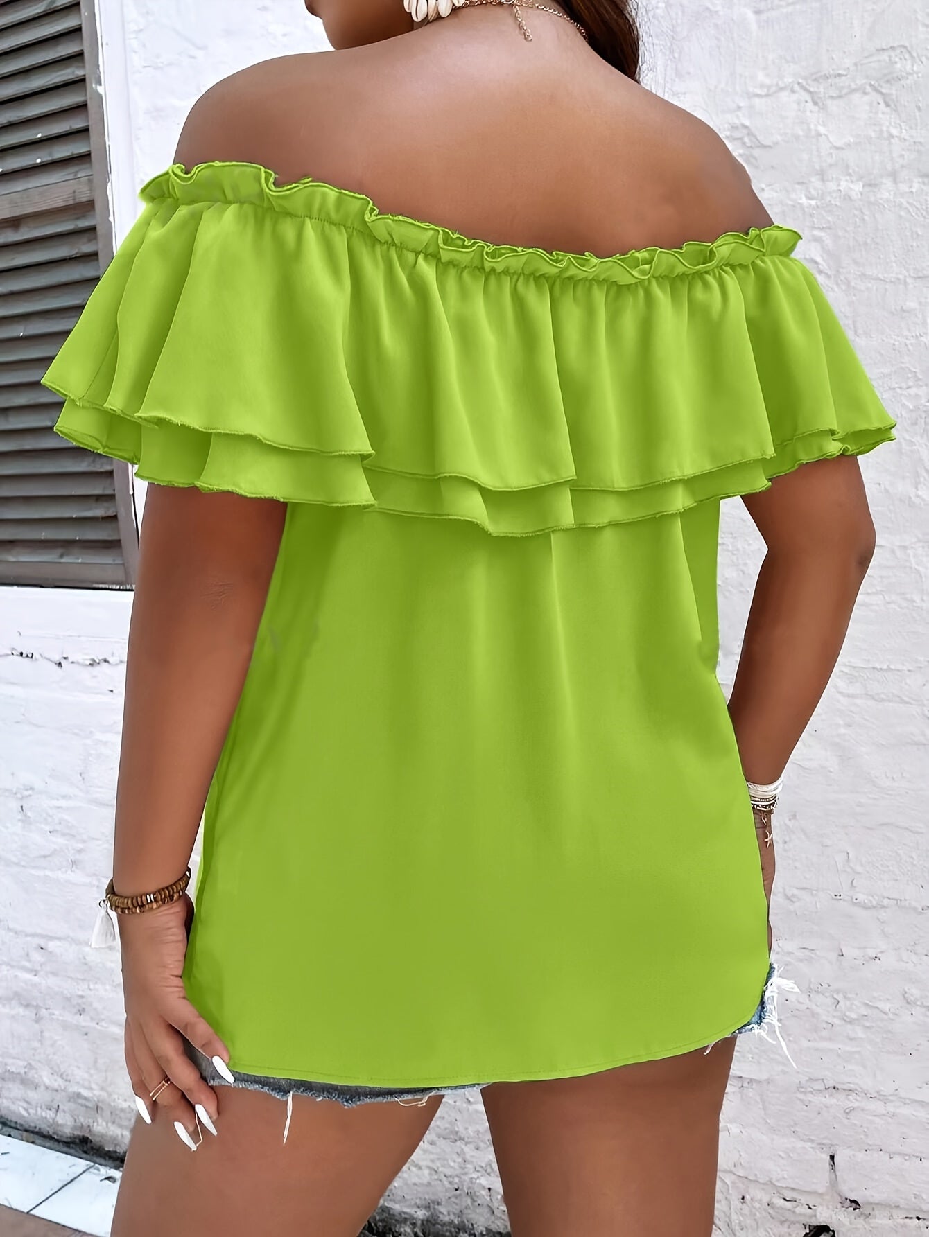 Plus Size Elegant Off The Shoulder Bow Tie Front Blouse - Non-Stretch Polyester Solid Color Summer Top with Layered Ruffle Trim and Elegant Style - Perfect for Womens Spring and Summer Outfit