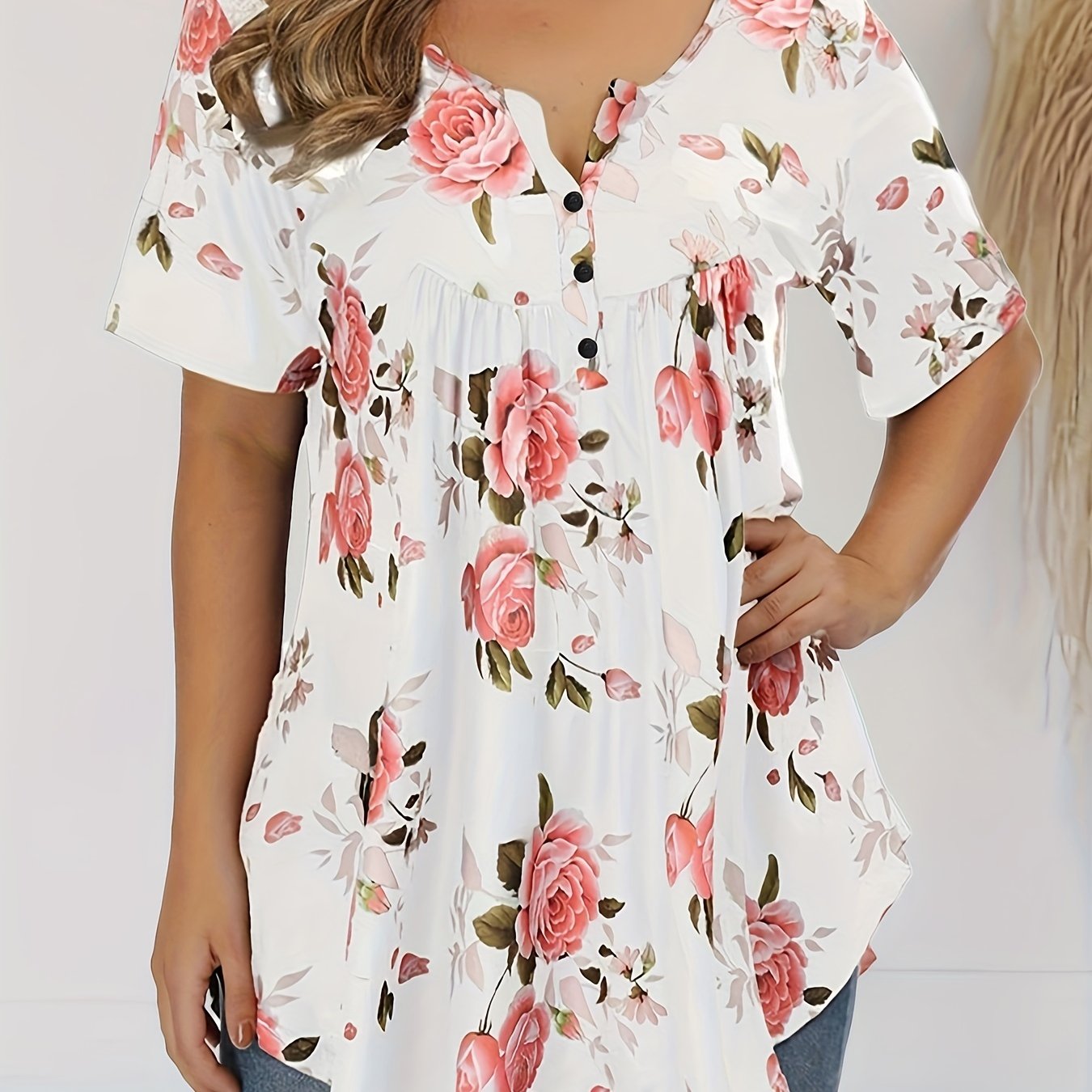 Plus Size Womens Floral Print Polo Collar Short Sleeve Casual Blouse - Button Front, Non-Stretch Polyester, Round Neck, Random Print, Summer Top - Easy Wear, Relaxed Fit, Classic Style