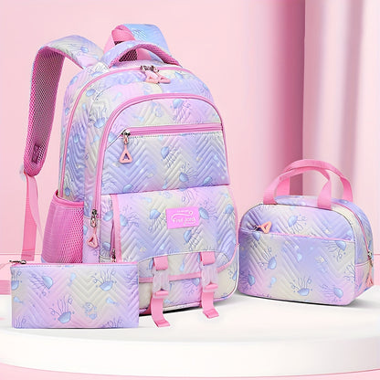 3pcs Whimsical Jellyfish Striped Backpack Set - Adjustable Strap, Zipper Closure, Polyester Lining, Random Printing - Preppy Fantasy Schoolbag with Lunch Box Bag and Pencil Case