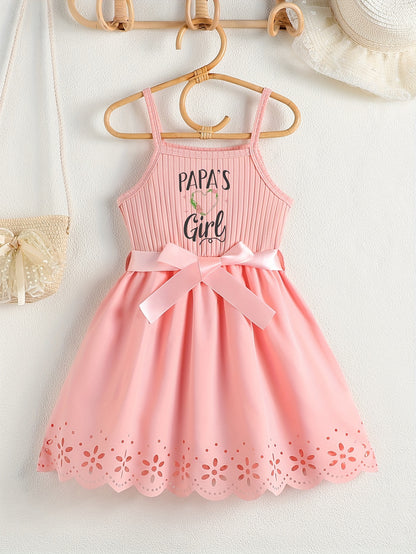 PAPA'S GIRL Print, Girl's Fashion Casual Summer Sleeveless Dress With Bow Belt And Hollow Out Design For Outdoor Wear