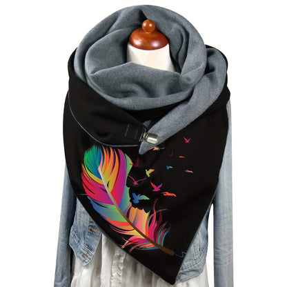 Personality Feather Pattern Triangle Scarf Thick Fleece Lined Soft Warm Buckle Shawl Autumn Winter Coldproof Elastic Wrapped Neck Scarf