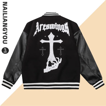 High Street Varsity Jacket Men Cross Embroidered Baseball Jackets Women Spring Autumn Coat Patchwork Outweaer Unisex