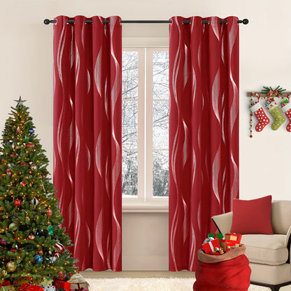 2PCS Luxurious Blackout Curtains with Grommet Top - Thermal Insulated, Noise Reducing, High Precision Bronzing Striped Wave Pattern for All-Season Room Darkening - Polyester Drapes for Bedroom and Living Room with Easy Installation