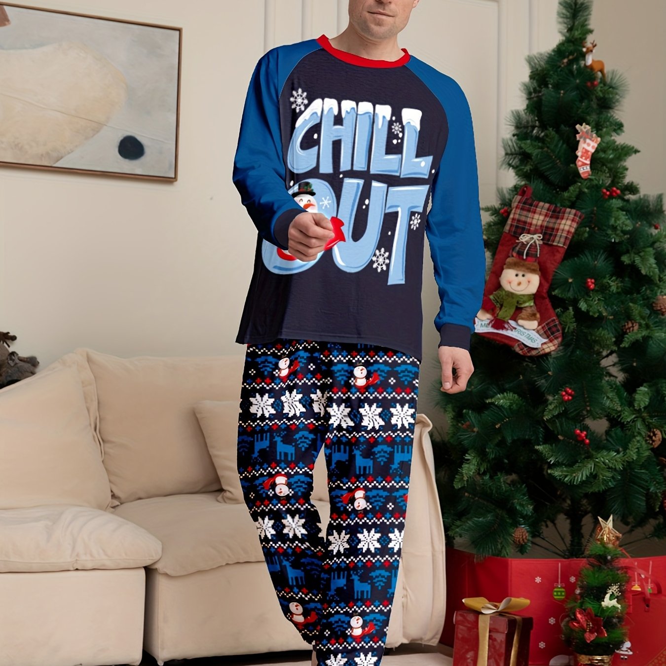 Men's Trendy Casual Christmas Pajamas Sets, CHILL OUT Letter Snowman Antler Graphic Print Long Sleeve Crew Neck Top & Loose Pants Lounge Wear