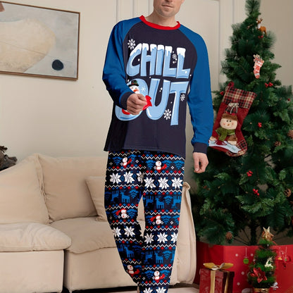 Men's Trendy Casual Christmas Pajamas Sets, CHILL OUT Letter Snowman Antler Graphic Print Long Sleeve Crew Neck Top & Loose Pants Lounge Wear