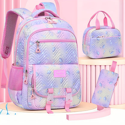 3pcs Whimsical Jellyfish Striped Backpack Set - Adjustable Strap, Zipper Closure, Polyester Lining, Random Printing - Preppy Fantasy Schoolbag with Lunch Box Bag and Pencil Case