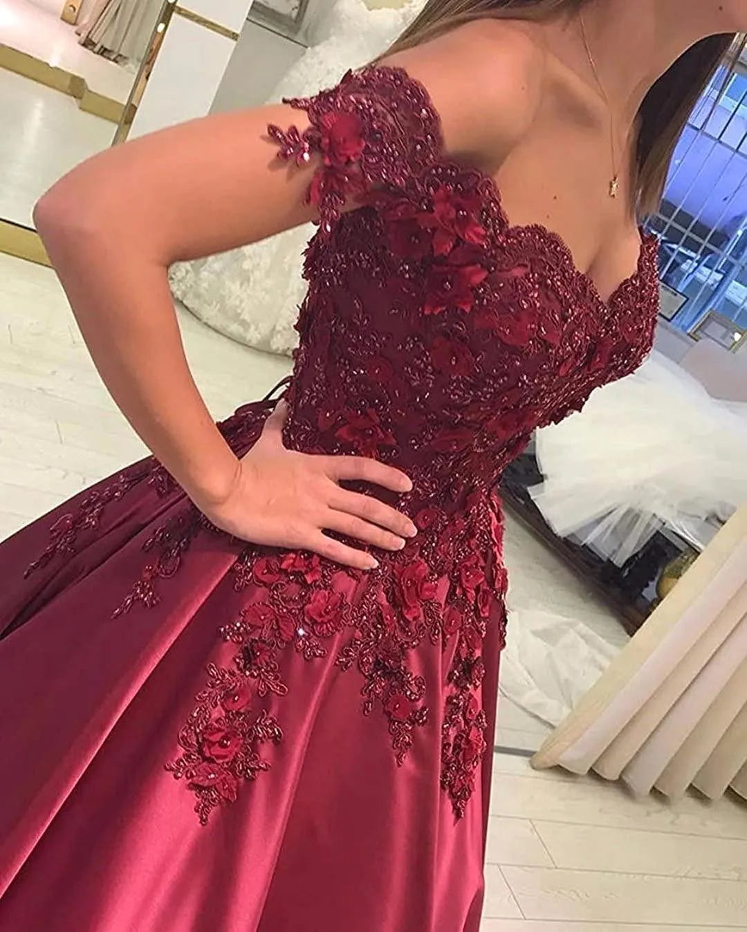 Elegant Off Shoulder Evening Dresses Dark Blue Burgundy A Line Appliques Beads Formal Party Gowns Women Prom Quinceanera Robes de soriee Corset Back Bc16892