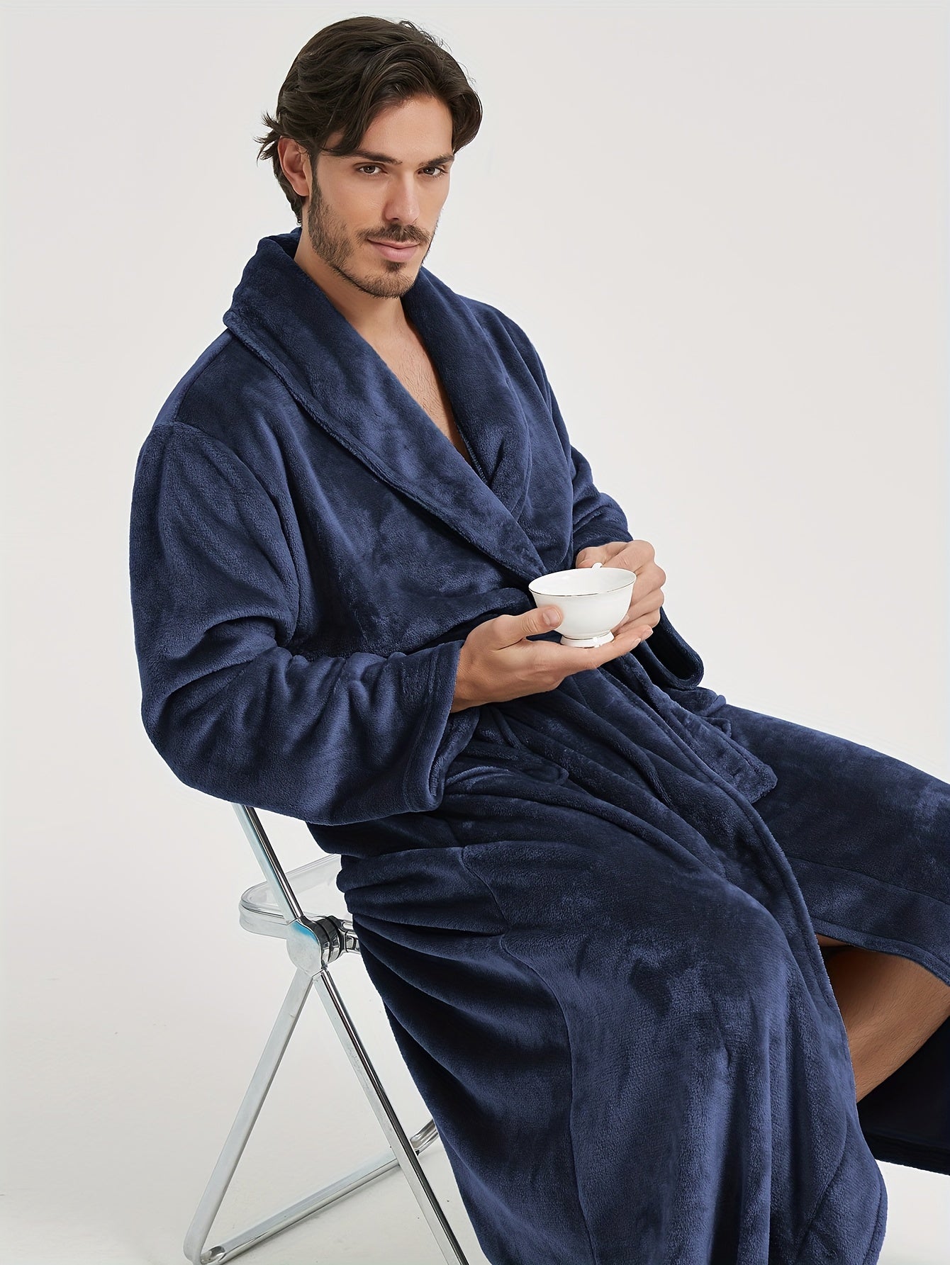 Mens Luxurious Flannel Shawl Collar Satin Kimono Robe - Soft, Comfortable, and Cozy Long Sleeve Sleepwear with Pocket and Belt for Relaxation - Perfect for All Seasons and Spa Home Wear