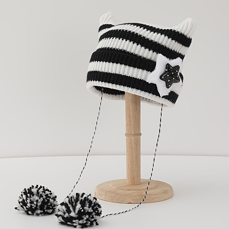 Adorable Whimsical Crochet Cat Beanie Hat with Ears - Soft, Warm, Trendy Pom Pom Decor, Elastic Knit, One-Size-Fits-Most, Y2K Inspired, Pom Pom Accents, Cozy Skull Cap for Women - Perfect for Cold Weather, Casual Outings, and Fashion Statements