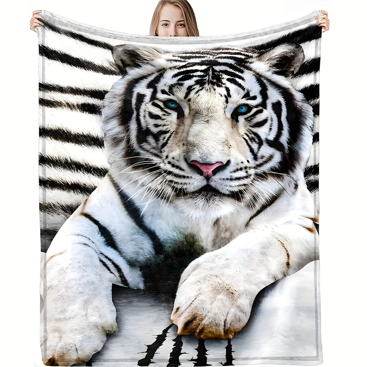 1pc White Tiger Printed Flannel Blanket - Luxuriously Soft & Cozy for Adults - Eye-Catching Design - Versatile Use at Home, Picnics, and Travel - Perfect Gift Option