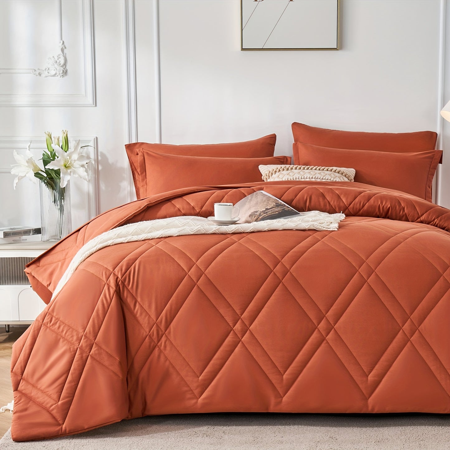 5/7pcs Luxurious Geometric Comforter Set - Soft, Stain-Resistant, Lightweight Microfiber Bedding with Lozenge Pattern, Hypoallergenic, Breathable, and Warm - Twin/Full/Queen/King Size Bed In A Bag for All Seasons with 100% Microfiber Cover and 100% Polyes