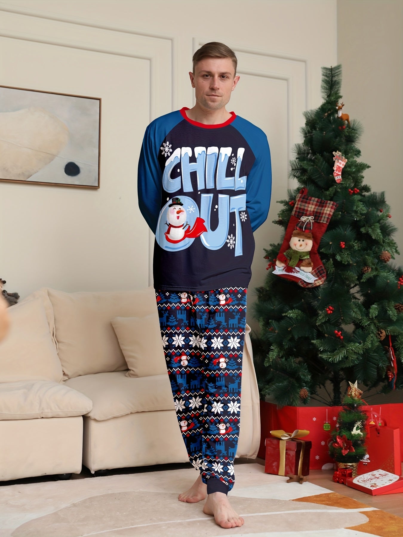 Men's Trendy Casual Christmas Pajamas Sets, CHILL OUT Letter Snowman Antler Graphic Print Long Sleeve Crew Neck Top & Loose Pants Lounge Wear