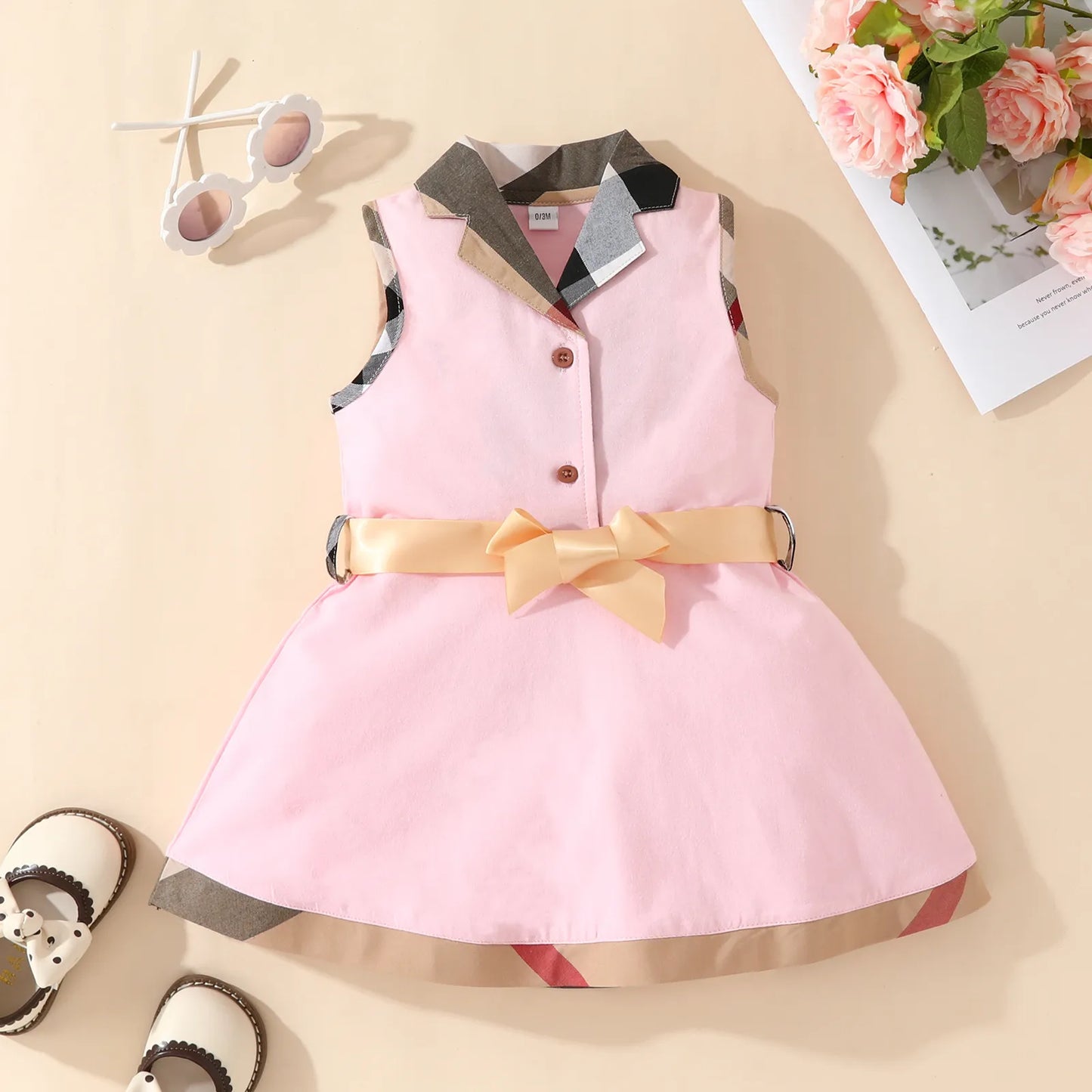 Baby Girls Plaid Dresses Cotton Newborn Sleeveless Vest Dress With Bowknot Turn-Down Collar Infant Princess Dresses Toddler Skirts Girl Skirt 0-24m