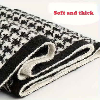 Elegant Black White Hounds Pattern Thick Warm Wavy Striped Scarf, Fashion Winter Cashmere Feeling Cold Scarf