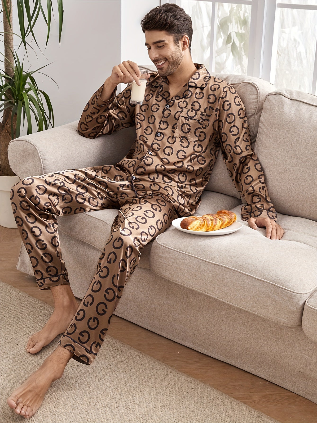 2 Pcs Men's Silky Trendy Geometric Print Open Front Long Sleeve & Trousers Pajama Sets, Comfortable & Skin-friendly Style Pajamas For Men's Cozy Loungewear