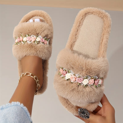 Flower Decor Fluffy Slippers, Casual Open Toe Plush Shoes, Comfortable Indoor Home Slippers