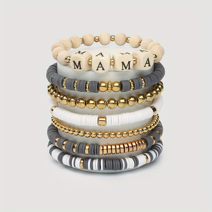 Elegant 7-Piece Women's Summer Beach Stackable Beaded Bracelet Set, Stretchable Polished Beads with 'MAMA' Block Letter Charms, Versatile Daily Wear, Ideal Mother's Day or Birthday Gift for Mom