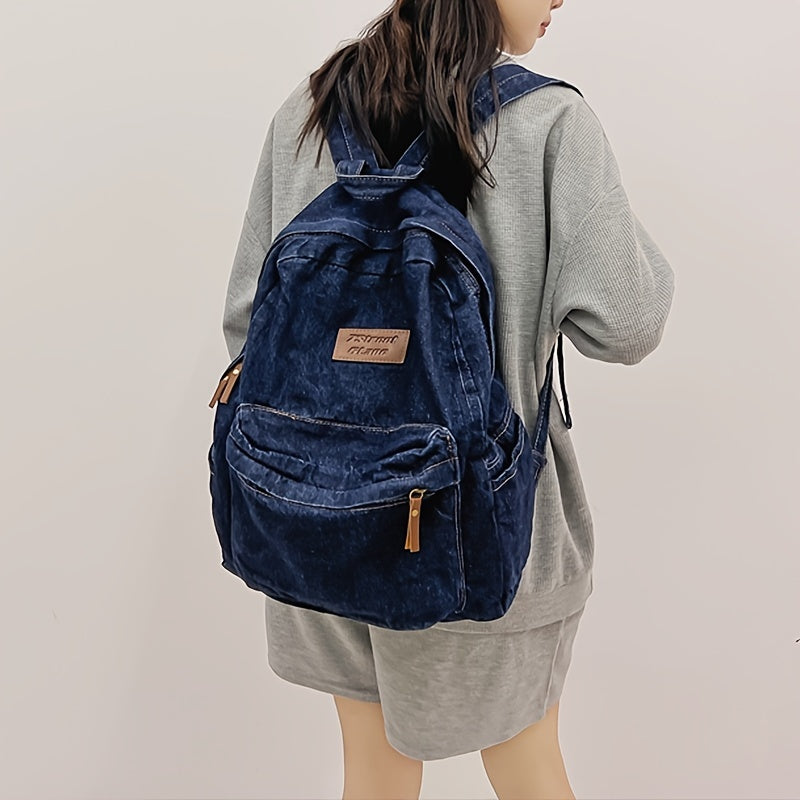 Fashion Denim Backpack, Preppy College School Daypack, Travel Commute Knapsack & Laptop Bag