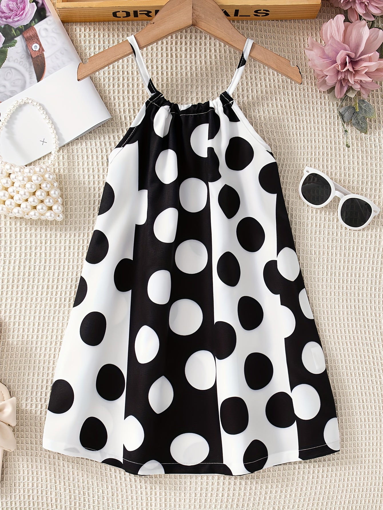 Girls Charming Polka Dot Summer Dress - Chic Thin Straps, Sleeveless, Vibrant Print, Regular Fit, Knee-Length - Ideal for Stylish Casual Outings