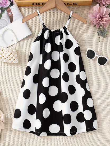 Girls Charming Polka Dot Summer Dress - Chic Thin Straps, Sleeveless, Vibrant Print, Regular Fit, Knee-Length - Ideal for Stylish Casual Outings