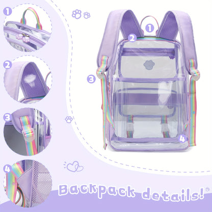 Clear Backpack for Girls Cute Transparent Heavy Duty Kid School Book Bags with Reinforced Padded Straps and Complimentary Gift (purple)