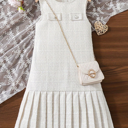 Elegant Girl's Straight Pleated Dress, Spring & Summer Vacation Party Casual A-line Dresses, Gift