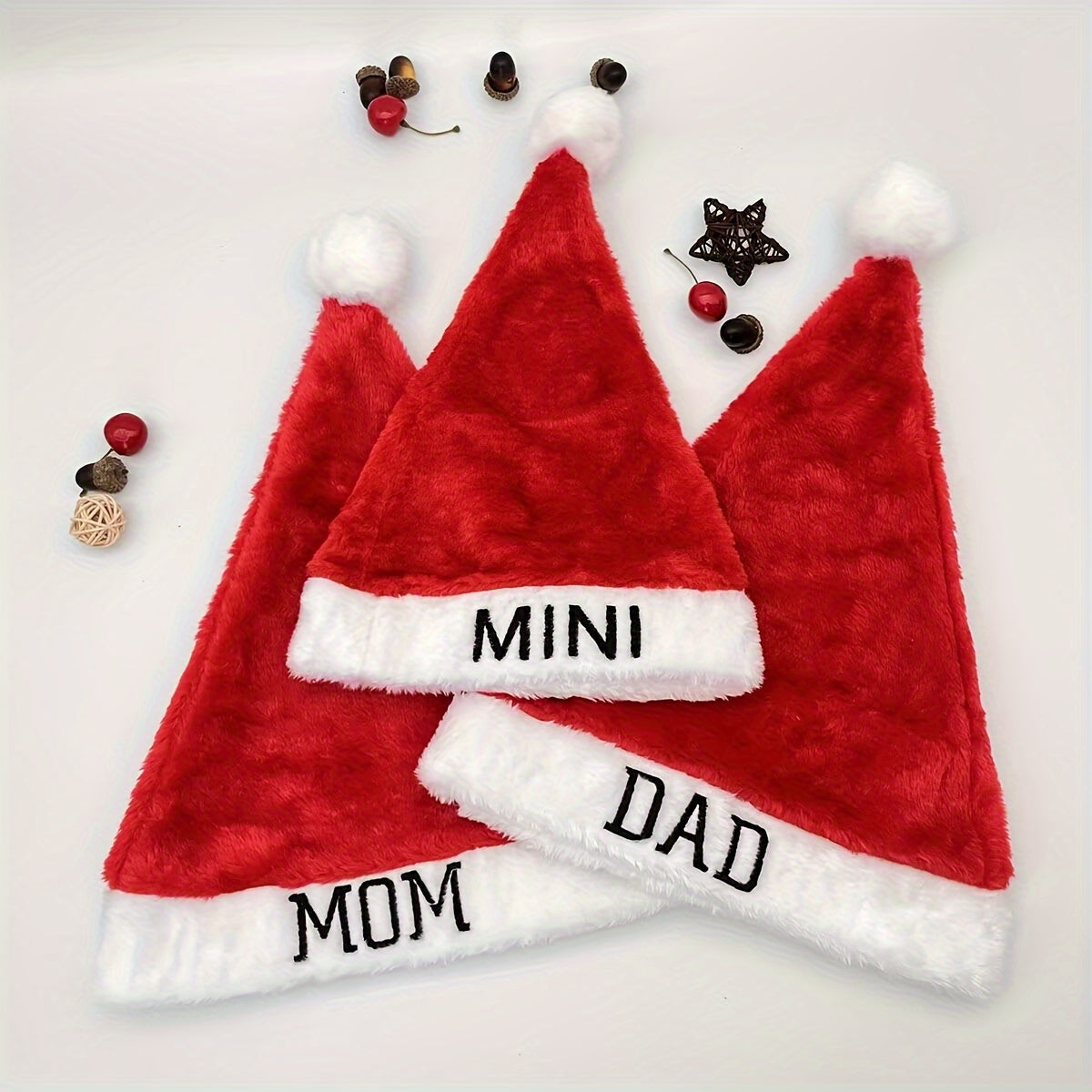 Christmas Santa Hats for Family Set - Handmade Plush Polyester Christmas Hats with Personalized "DAD" and "MOM" Embroidery for Festive Holiday Atmosphere - Hand Washable Knitted Hats for Christmas Occasion