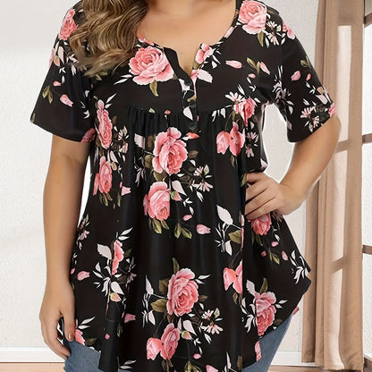 Plus Size Womens Floral Print Polo Collar Short Sleeve Casual Blouse - Button Front, Non-Stretch Polyester, Round Neck, Random Print, Summer Top - Easy Wear, Relaxed Fit, Classic Style