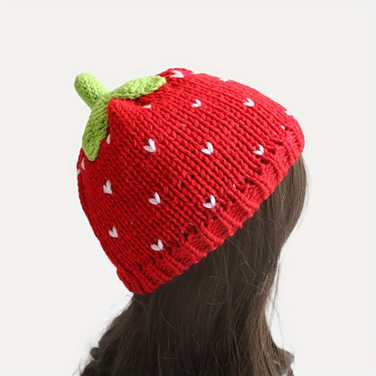 Adorable Red Strawberry Cartoon Beanie - Soft Knit Elastic Skull Cap for Warmth, Daily Wear, Autumn & Winter Use, Fashionable Women's Accessories