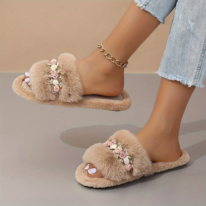 Flower Decor Fluffy Slippers, Casual Open Toe Plush Shoes, Comfortable Indoor Home Slippers